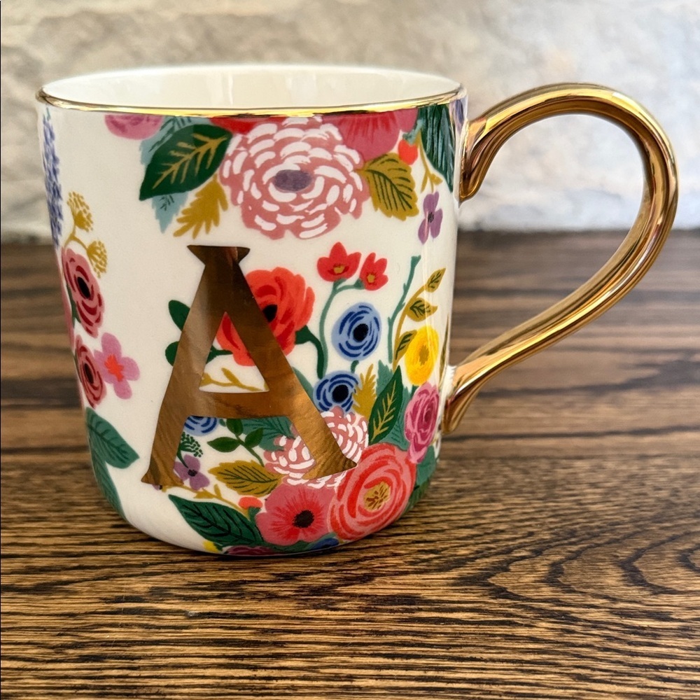 Anthropologie Floral “Letter A” Mug with Gold Handle
